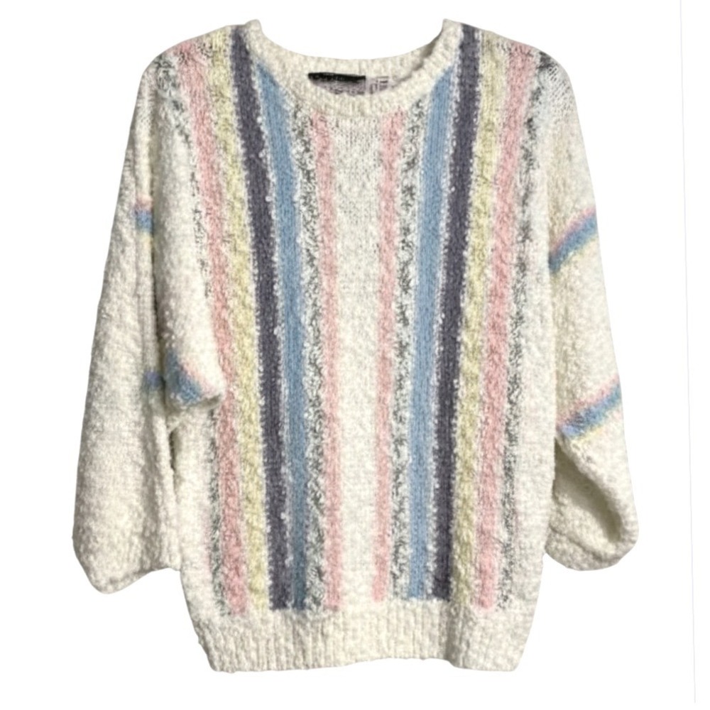 VTG Bramble Lane Sweater OFF-WHITE POPCORN KNIT Pastel Rainbow Stripes Dolman M